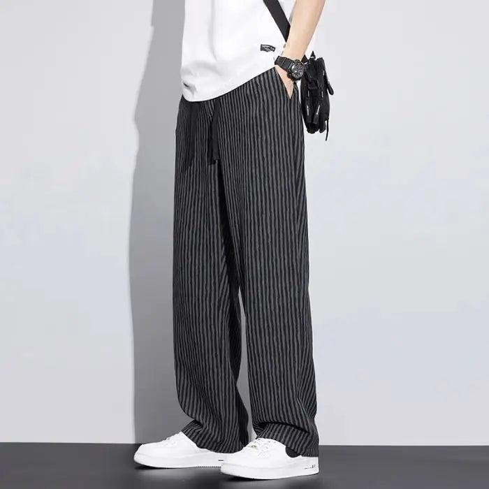 saferido Korean Version Streetwear Fashion Men Stripe Wide Leg Pants Summer Male Harajuku Loose Casual Elastic Waist Straight Trousers
