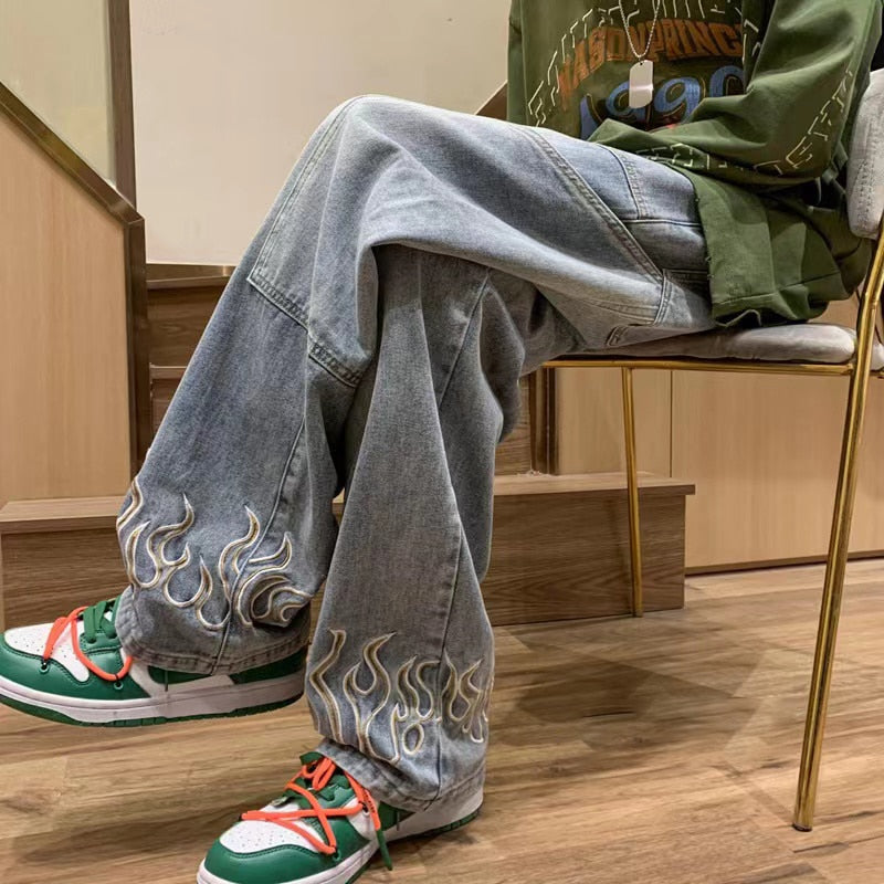 Fashion Flame Embroidery Men's Jeans Neutral Wide Leg Denim Trousers Loose Straight Jeans Youth Casual Baggy Hip Hop Pants