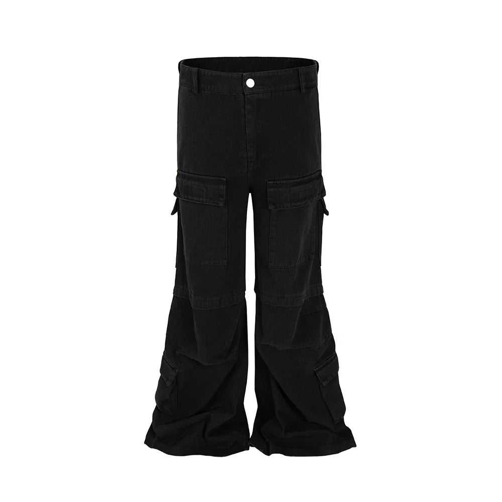 saferido High Street Multi-pockets Washed Black Cargo Pants Mens Straight Pleated Casual Baggy Overalls Oversized Loose Casual Trousers