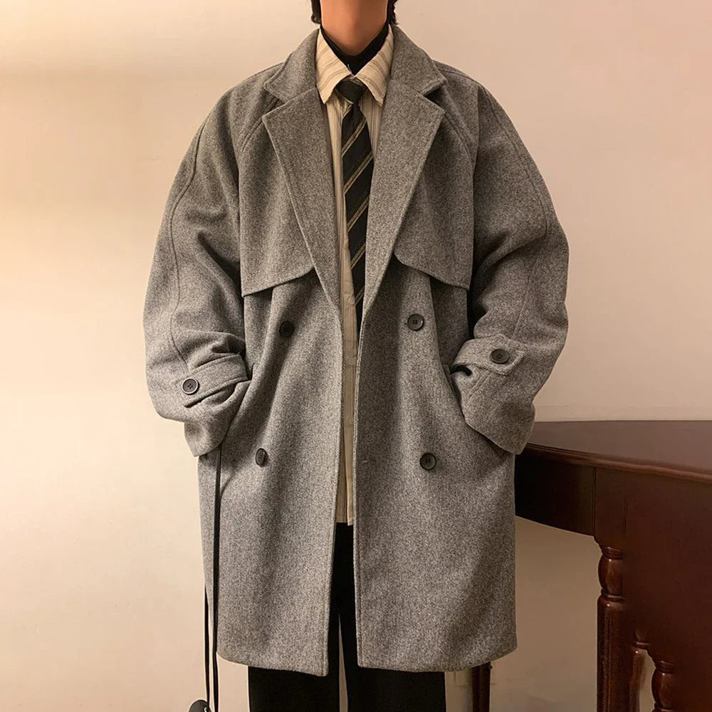 saferido Mens Gray German Woolen Coat Autumn Winter Mid-Length Thickened High-End Retro Elegant Handsome Comfortable Coat Oversize