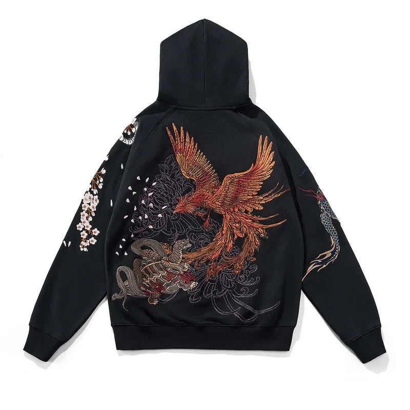 Men Streetwear Fleece Hoodie Sweatshirt Embroidery Flower Chinese Kanji Pullover Winter Harajuku Cotton Hooded Hoodie