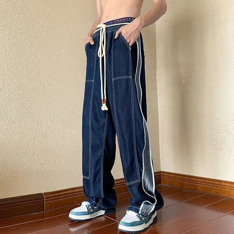 saferido Men's Jeans Aesthetic Trousers with Pockets Straight Man Cowboy Pants Wide Leg Free Shipping Korean Fashion Y2k Vintage Designer