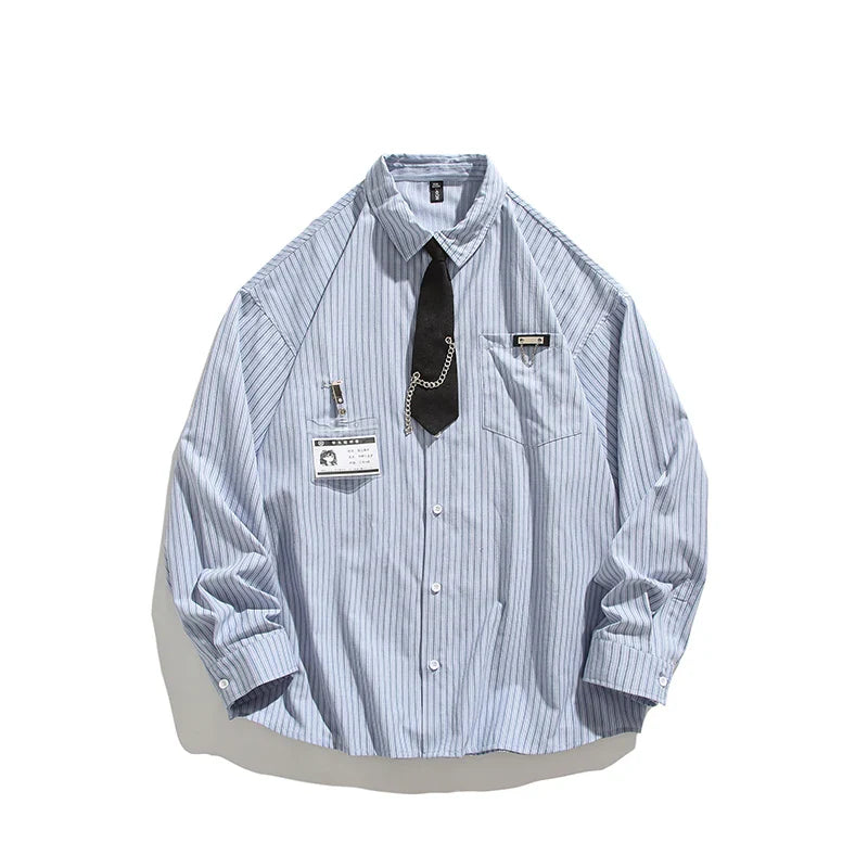 saferido Blue Striped Shirt Vintage College Style Tie Chain Design Loose Casual Blouse Couple Long Sleeve Top Harajuku Male Shirts Coat