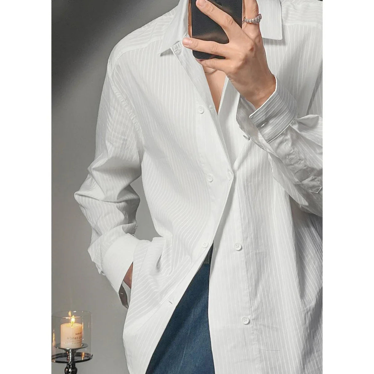 High-end Simple Striped Double Breasted Shirt for Men Autumn New Korean Style Trendy Solid Color Long Sleeves Men's Social Shirt