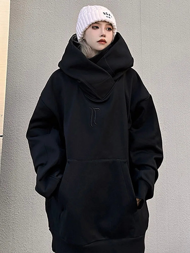 saferido Korean Street Style Solid Color High Collar Oversized Hoodie Men Fashion Loose Casual Hooded Top Harajuku New Sweatshirt Hoodie