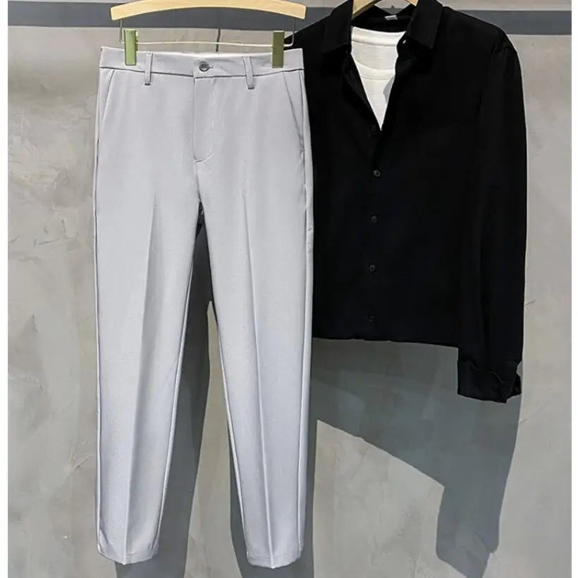 saferido Korean Style Fashion Ankle Length Suit Pants Men High Waist Solid Blue Black Gray Casual Straight Adjustable Waist Trousers