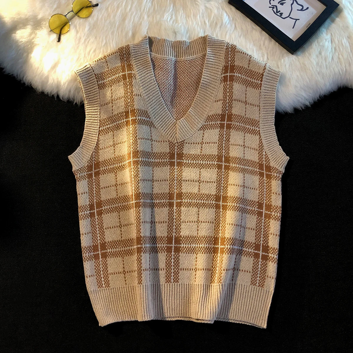 saferido Men's Knitted Sweater Vest Spring Autumn Casual Vest Korean Fashion Plaid Sleeveless Tops Knit Bottoming Shirt Male Clothes