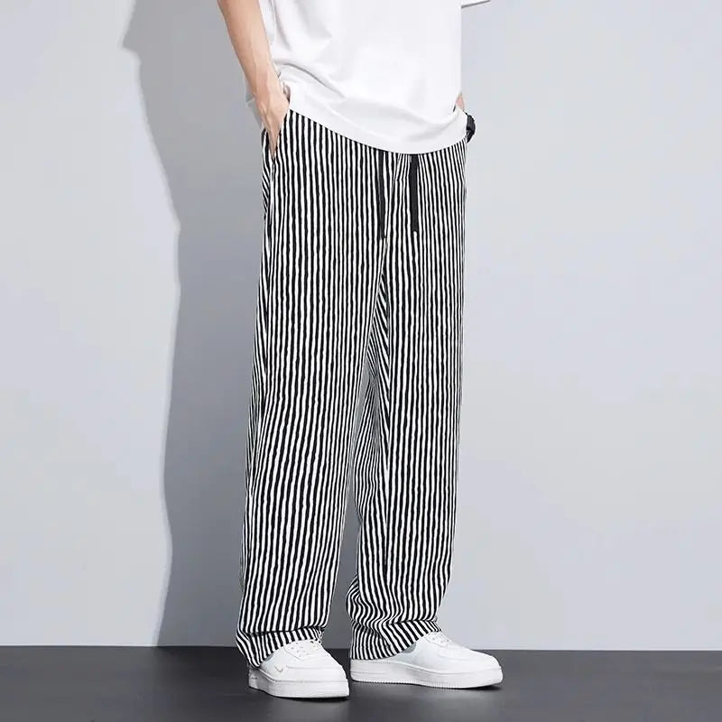 saferido Korean Version Streetwear Fashion Men Stripe Wide Leg Pants Summer Male Harajuku Loose Casual Elastic Waist Straight Trousers