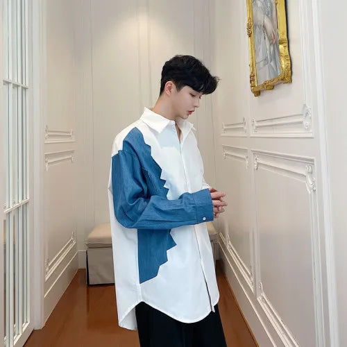 saferido Spring Autumn Korean retro denim stitching shirt men's Korean loose casual design Fashion Show Punk Rock Style Dress Shirts