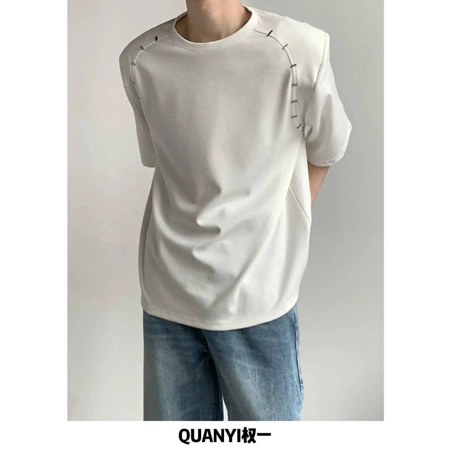 Korean Style Heavy Shoulder Pad Short Sleeve T Shirt Men Metal Niche Design Loose Casual Harajuku Solid Color Bottoming Shirt