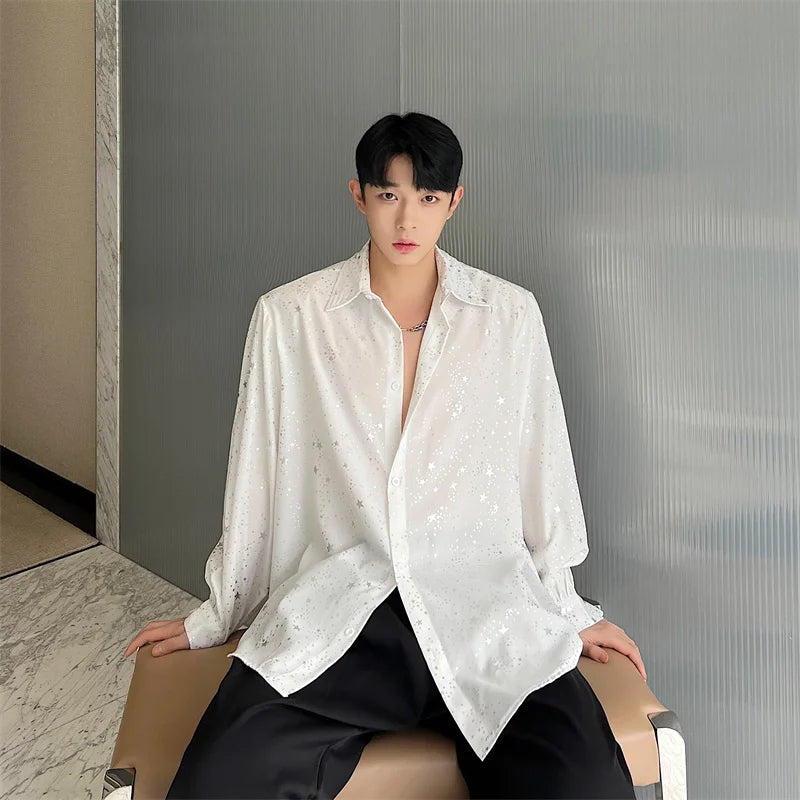 saferido Spring New Male Casual Chiffon Shirts Men's Lapel Niche Desgin Shirt Long Sleeve Shirt Male Stage Show Dress Shirt