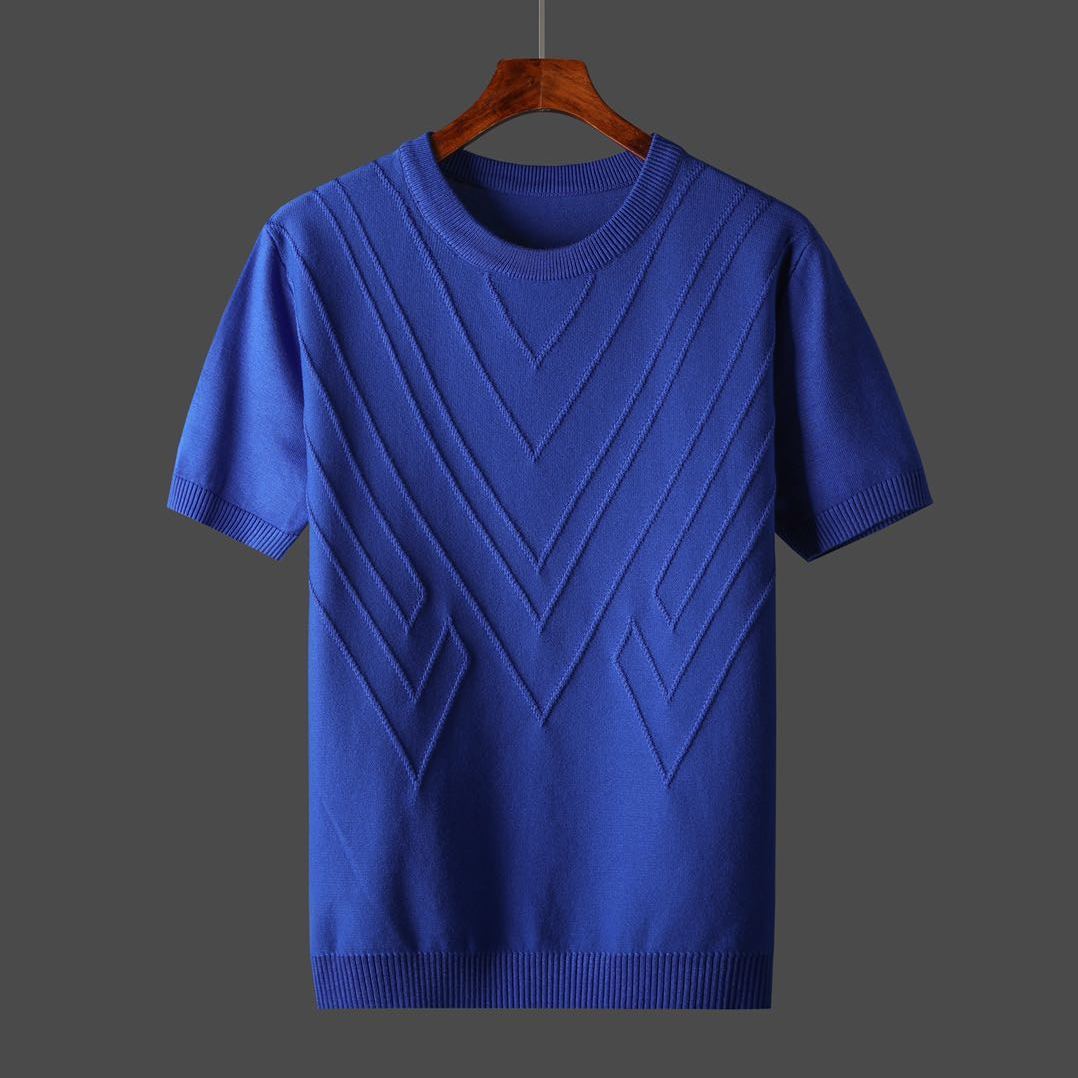 Summer Men T-shirt Knitted Short Sleeves Top Sweater Men's Solid Color O-neck Pullover Thick Slim Knitted Tees D215