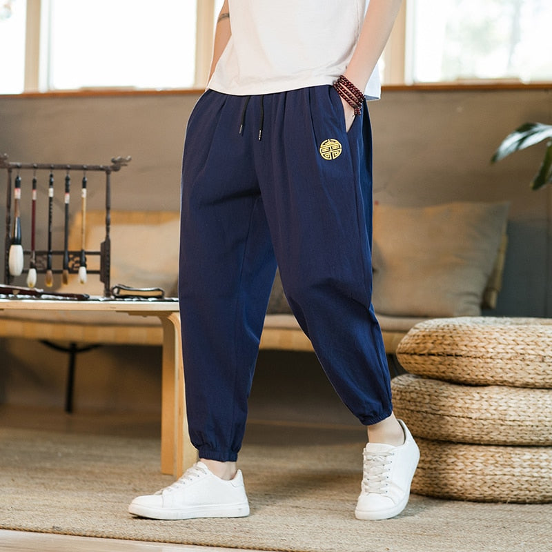 Summer Casual Chinese Style Cotton Linen Ninth Pants Men Fashion Embroidery Loose Harem Pants Men's Street Jogging Pants