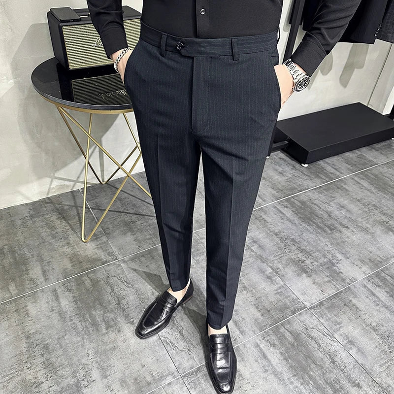 saferido Korean style Fashion Striped Suit Pants for Men Formal Business Dress Pants Korean Slim Fit Classic Casual Trousers 36 38