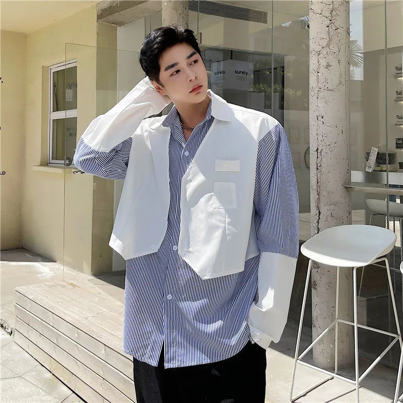 saferido Spring and Autumn New Men's Patchwork Fashion Casual Long-Sleeve Striped Blouse Tops Loose High Quality Design Shirts T60