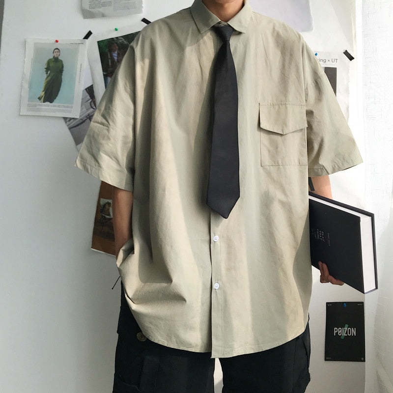 saferido Summer New Fashion Loose Solid Shirts Men's Casual Short Sleeve Shirts Turn-down Collar Clothing Blouses Tops Q02