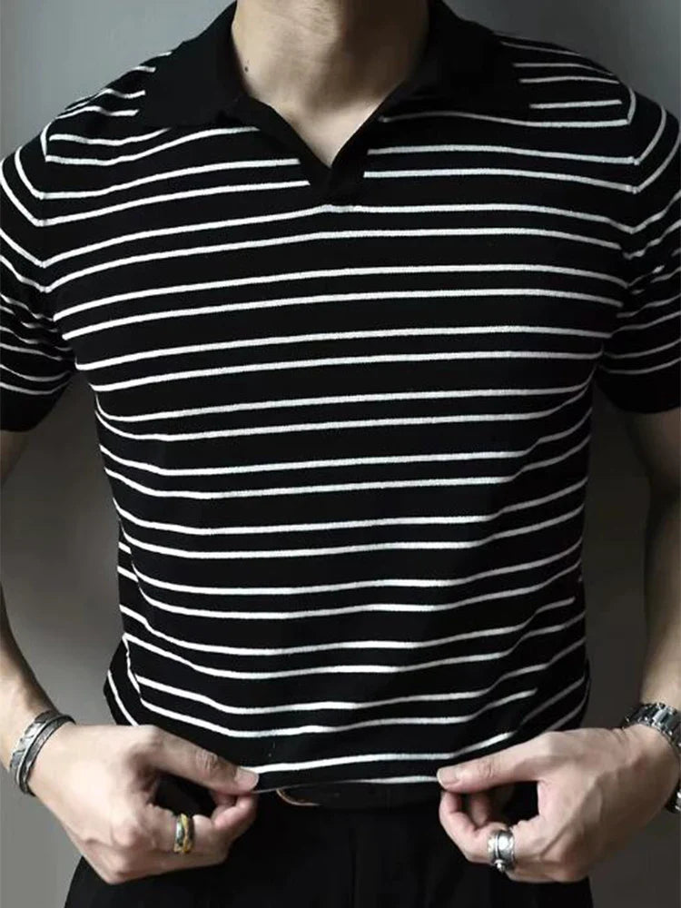 Vintage Striped Knit Polo Shirts Men Short Sleeve Casual Tops Spring Summer Mens Fashion Buttoned Turn-down Collar Slim T Shirt