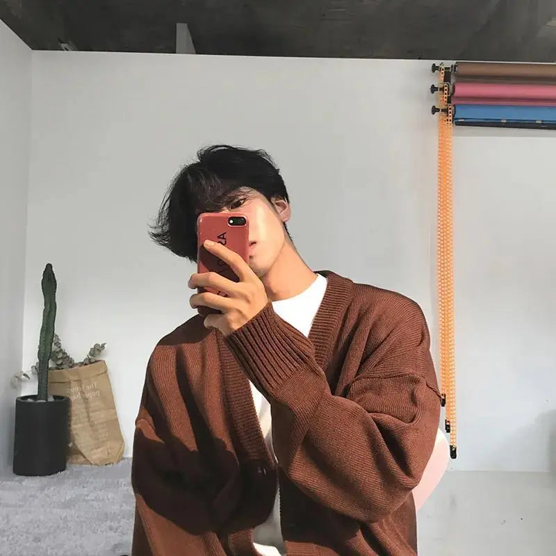 New Men's Clothing V-neck Single-breasted Men's Wear Knitted Sweater Loose Solid Color Knitted Cardigan Coat Autumn
