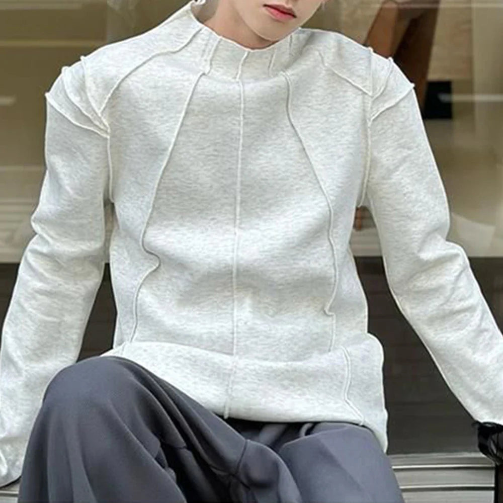 saferido Mens Autumn 100% Cotton Slim Fit Half Turtle Collar Long Sleeve T-Shirt Genderless Korean Style Contour Line Sweatshirt Unisex