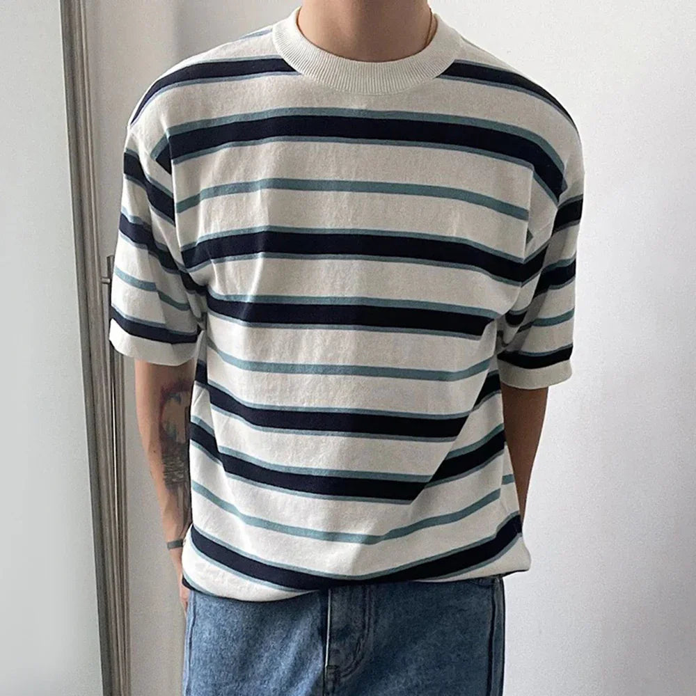 saferido Mens Japanese Striped Casual Knitted Short-Sleeved T-Shirt Genderless Fashion Personalized Versatile Retro Loose T-Shirt Unisex