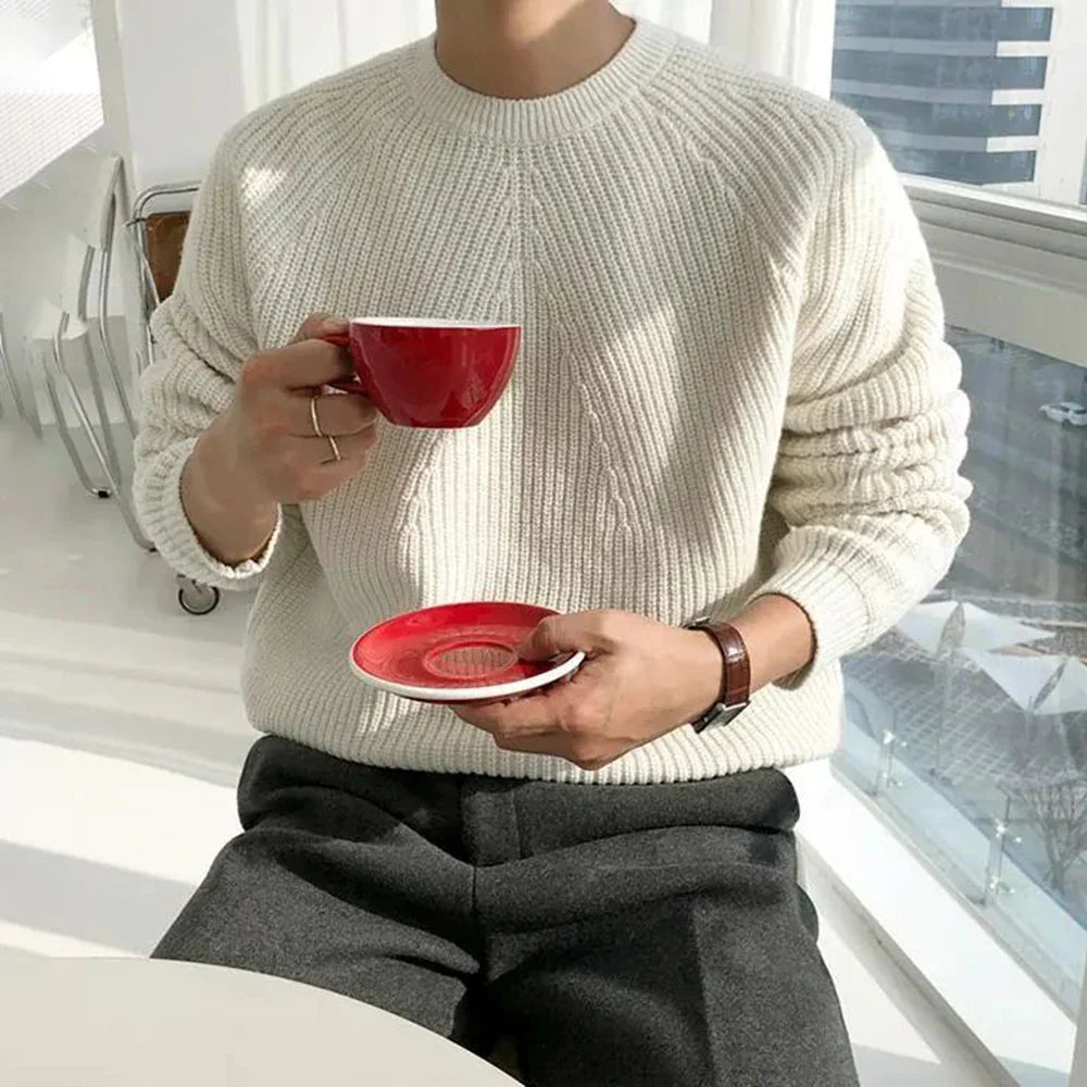 saferido Mens Autumn Winter Korean Style Loose Round Neck Knitted Sweater Gender-Neutral Trendy Casual Solid Color Simple Sweater Unisex