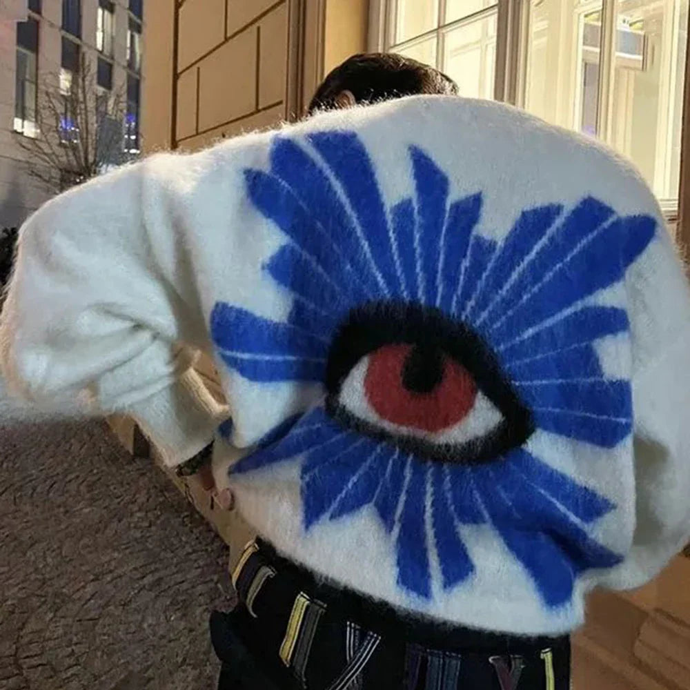 saferido Retro Knitted Sweater Unisex American Warm Sweater Men's and Women's Harajuku Eye Pattern Cotton Y2K Couple Pullover