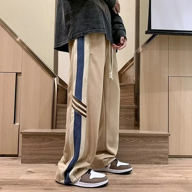 saferido Spring American Fashion Color Contrast Striped Casual Pants Men's Loose Straight Sports Pants Trendy Wide-leg Pants M-3XL