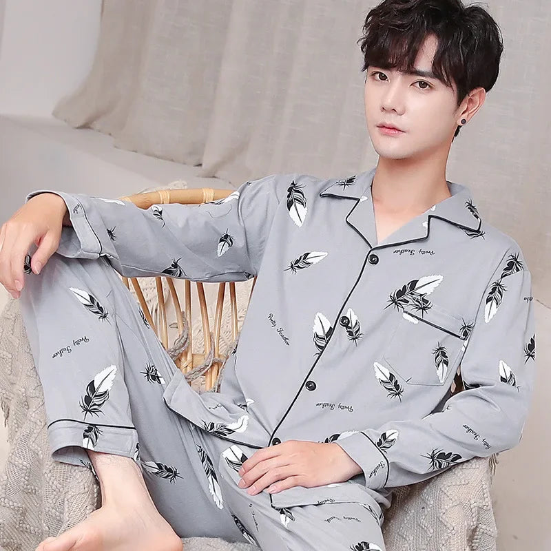 Men Pajamas Set Lounge Sleepwear Plaid Pyjamas Long Sleeve Spring Autumn Loungewear Male Homewear Home Clothes