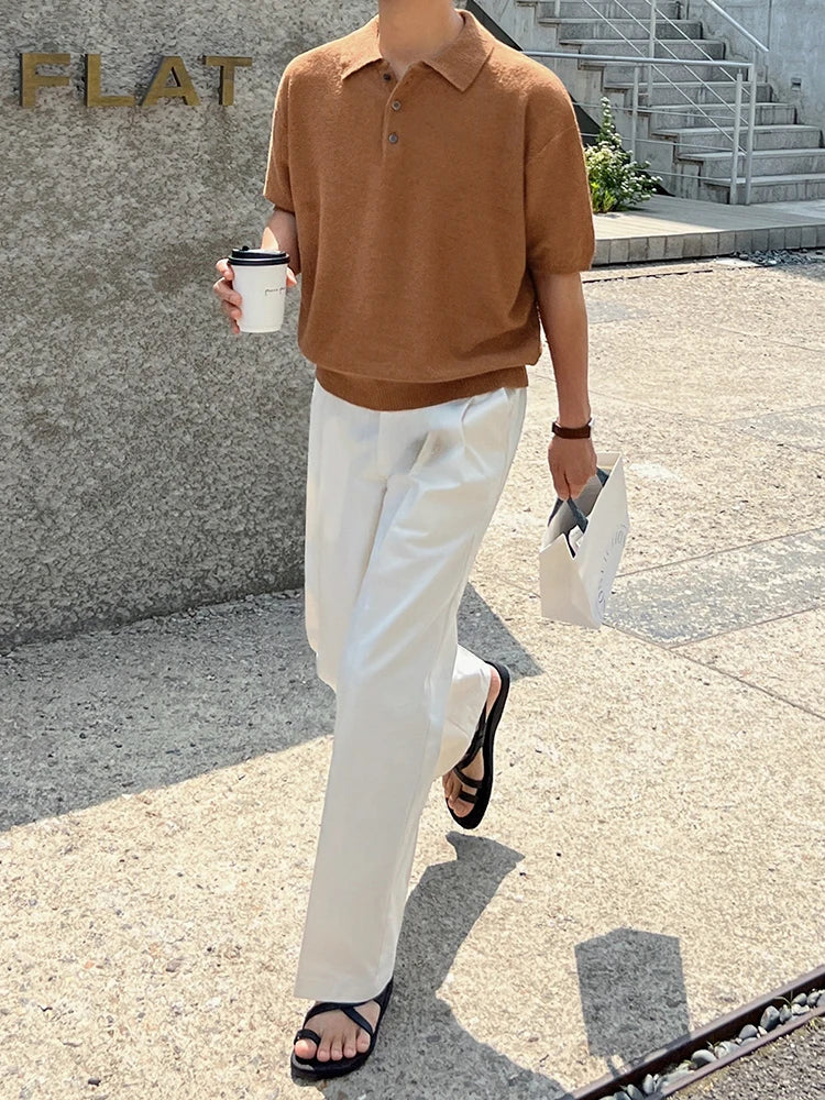 saferido Short Leeved Men's T-shirt Korean Style Simple Retro Kniting Lapel Trend Fashion Loose Casual Male Top 2024 Summer New