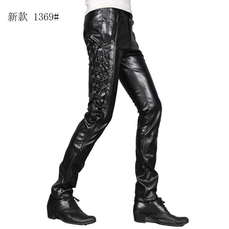 saferido Men's Fashion Leather Pants Tight Elastic Tie Cord Punk PU Pants Men's Motorcycle Pants Thin Style