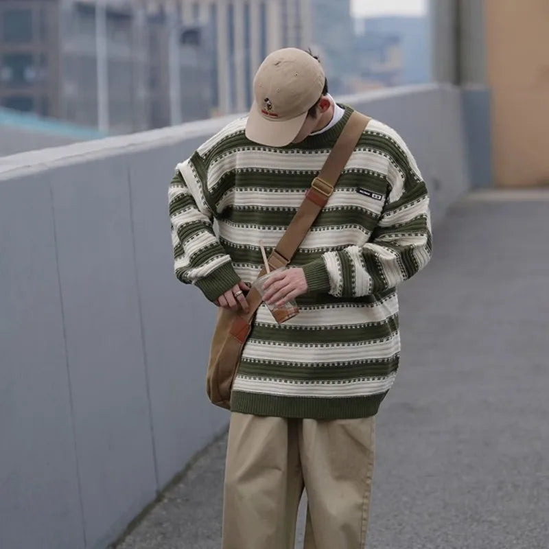 saferido Striped Knitted Sweater Coat Men Japanese Oversize Casual Autumn Winter Loose O-neck Pullovers for Man Streetwear Korean