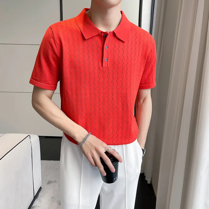 saferido British Style Men's Summer Casual Hollow Out Short Sleeves Polo Shirts/Male Slim Fit Knitting Polo Shirts S-3XL
