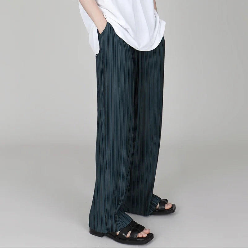 Men Clothing Spring Autumn Ice Silk Pleated Wide Leg Pants Elastic Waist Causal Loose Straight Trousers For Male