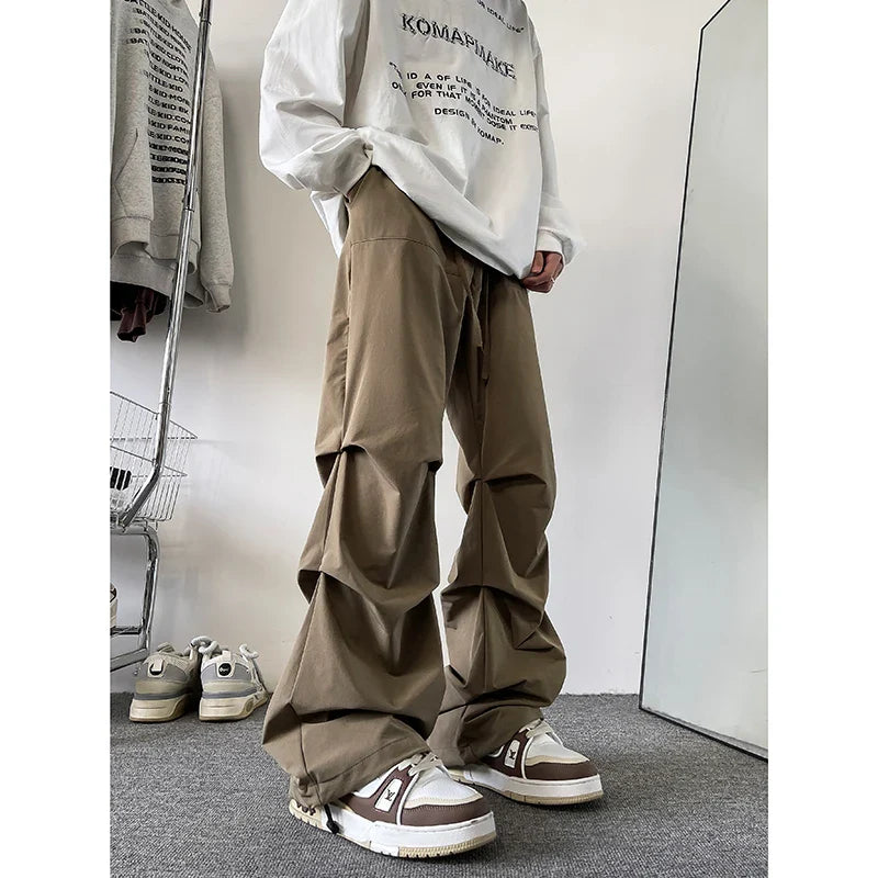 saferido Plus Size 5XL-M High Street Pleated Overalls Men's Fashion Loose Straight Casual Pants Male Solid Color Trousers Spring New