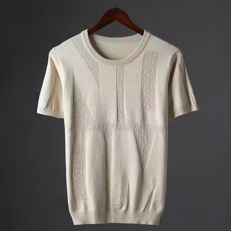 Summer Men T-shirt Knitted Short Sleeves Top Sweater Men's Solid Color O-neck Pullover Thick Slim Knitted Tees D215