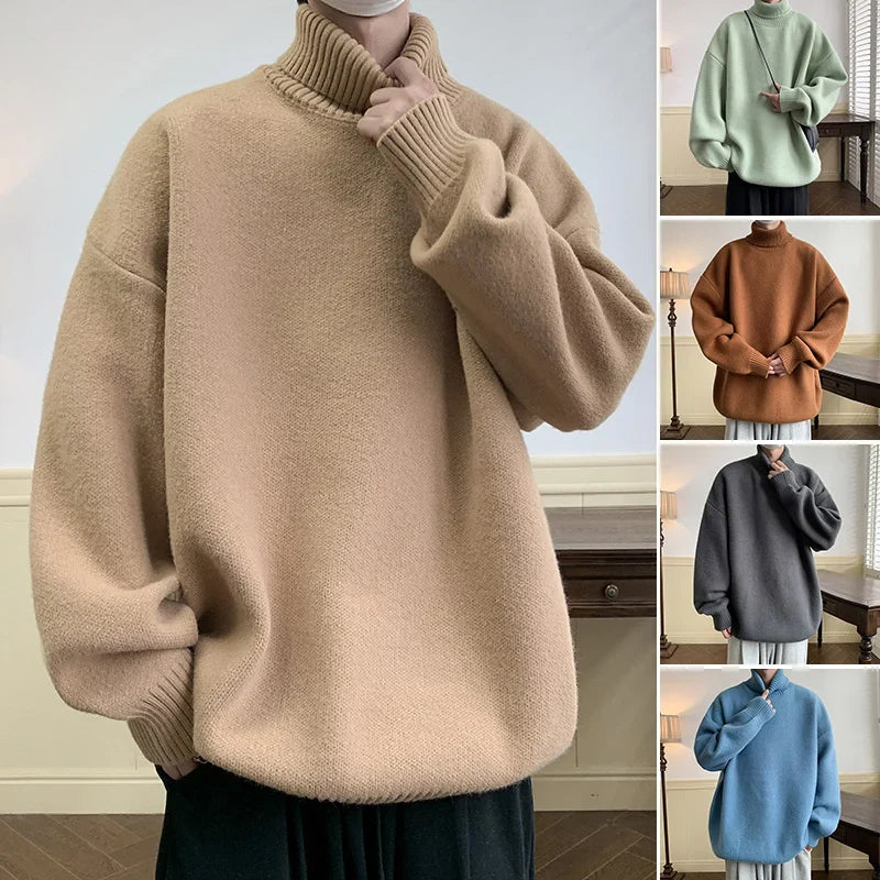 saferido Men's Turtleneck Sweater Pullover Men Loose Casual Harajuku Korean Fashion Mens Oversized Sweater Fashion Thicken Warm Sweaters