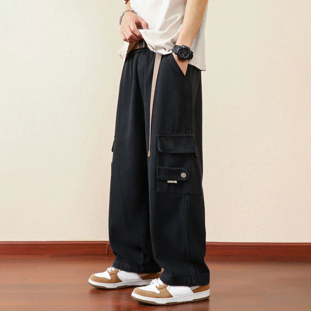 saferido Mens Casual Cargo Pants Hip-Hop Solid Color High Street Retro Loose Japanese Straight Pants Spring and Autumn New Style
