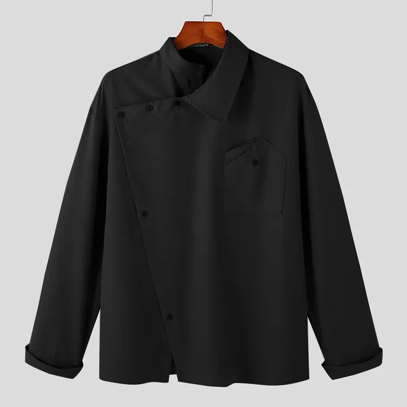 Tops Korean Style New Men's Diagonal Placket Solid Simple All-matcg Blouse Fashion Casual Long Sleeved Shirts S-5XL