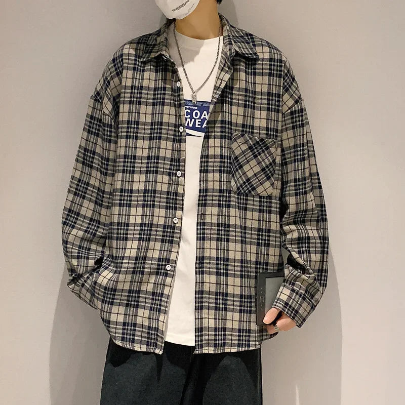 saferido Japanese Retro Fashion Spring Plaid Shirt Men Long Sleeve Plaid Shirt 100% Cotton Men's Casual Baggy Button Up Tees Shirt