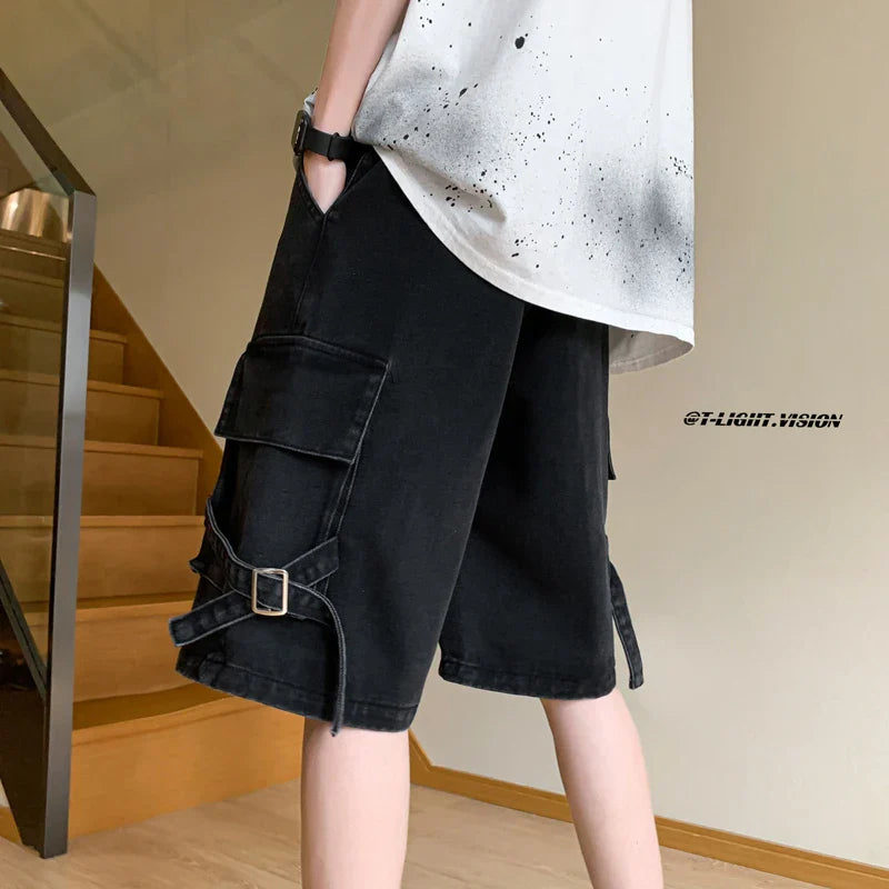 saferido American Retro Tooling Denim Shorts Summer Fashion Design Big Pocket Splicing Wide-leg Cropped Pants Large Size Shorts 4XL 5XL