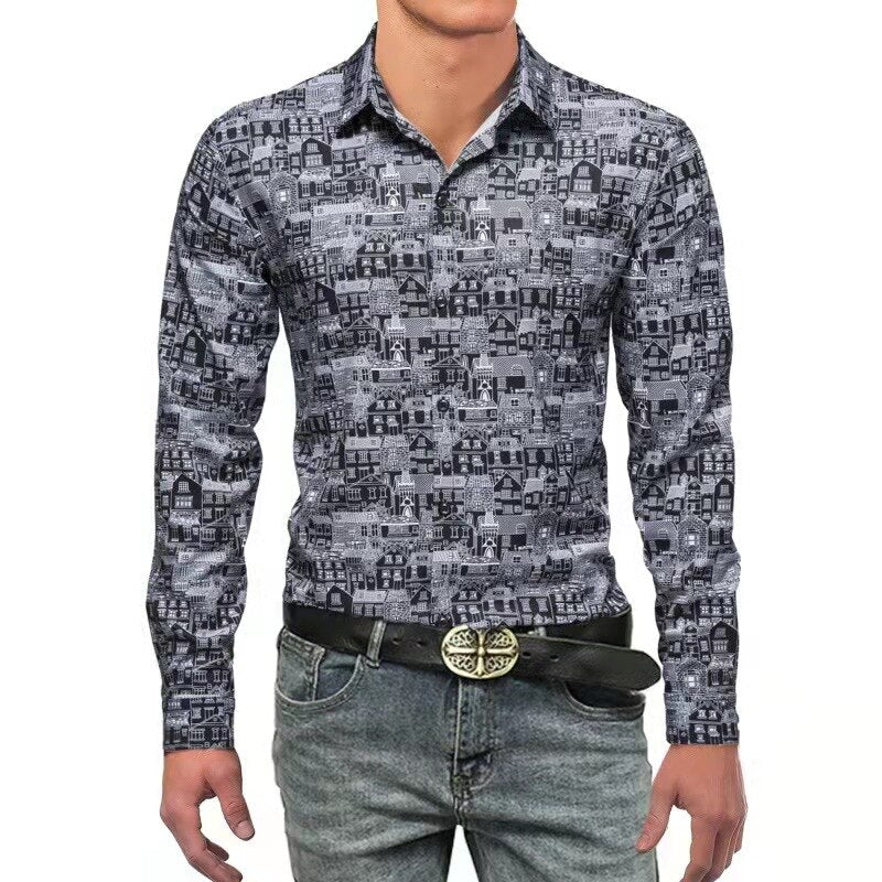 Fashion Print Luxury Long Sleeve Shirt Man Button Up For Men Clothing Business Casual Social Dress Slim Shirts Male Blouse