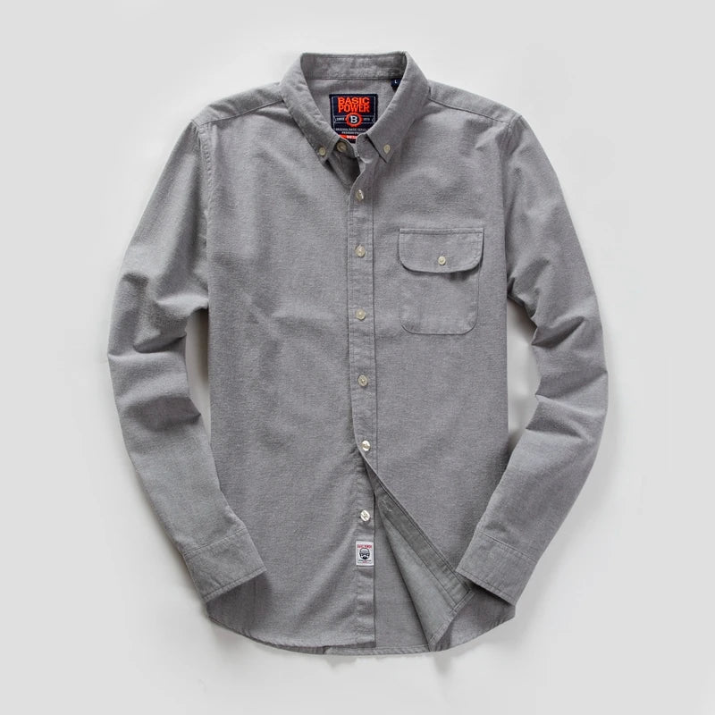 Men's Long Sleeve Oxford Casual Shirt Front Patch Chest Pocket Regular-fit Button-down Collar Thick Work Shirt MG20306