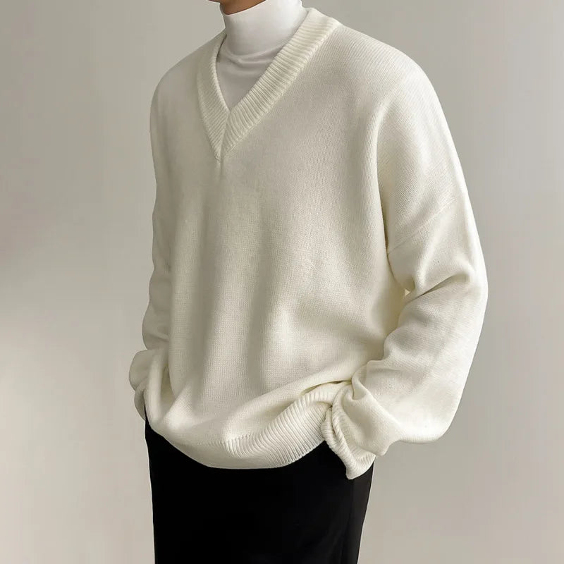 Men Winter V-neck Thickening Sweater Solid Color Casual Pullovers Fashion Korean Style Casual Knitwear For Male