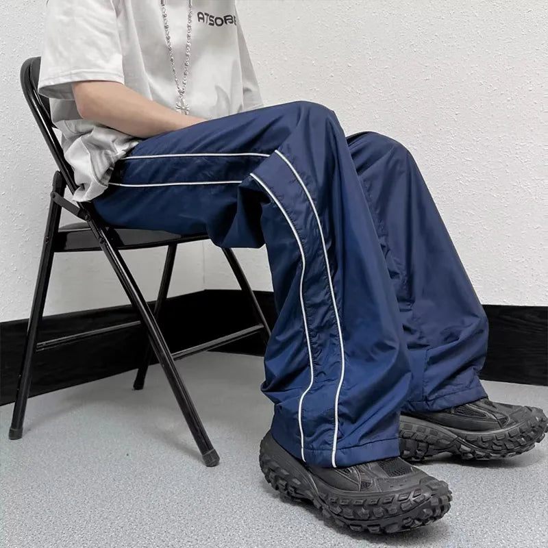 saferido KPOP Fashion Style Harajuku Slim Fit Sweat Pants Loose All Match Casual Pants Stripe Pockets Straight Cylinder Wide Leg Pants