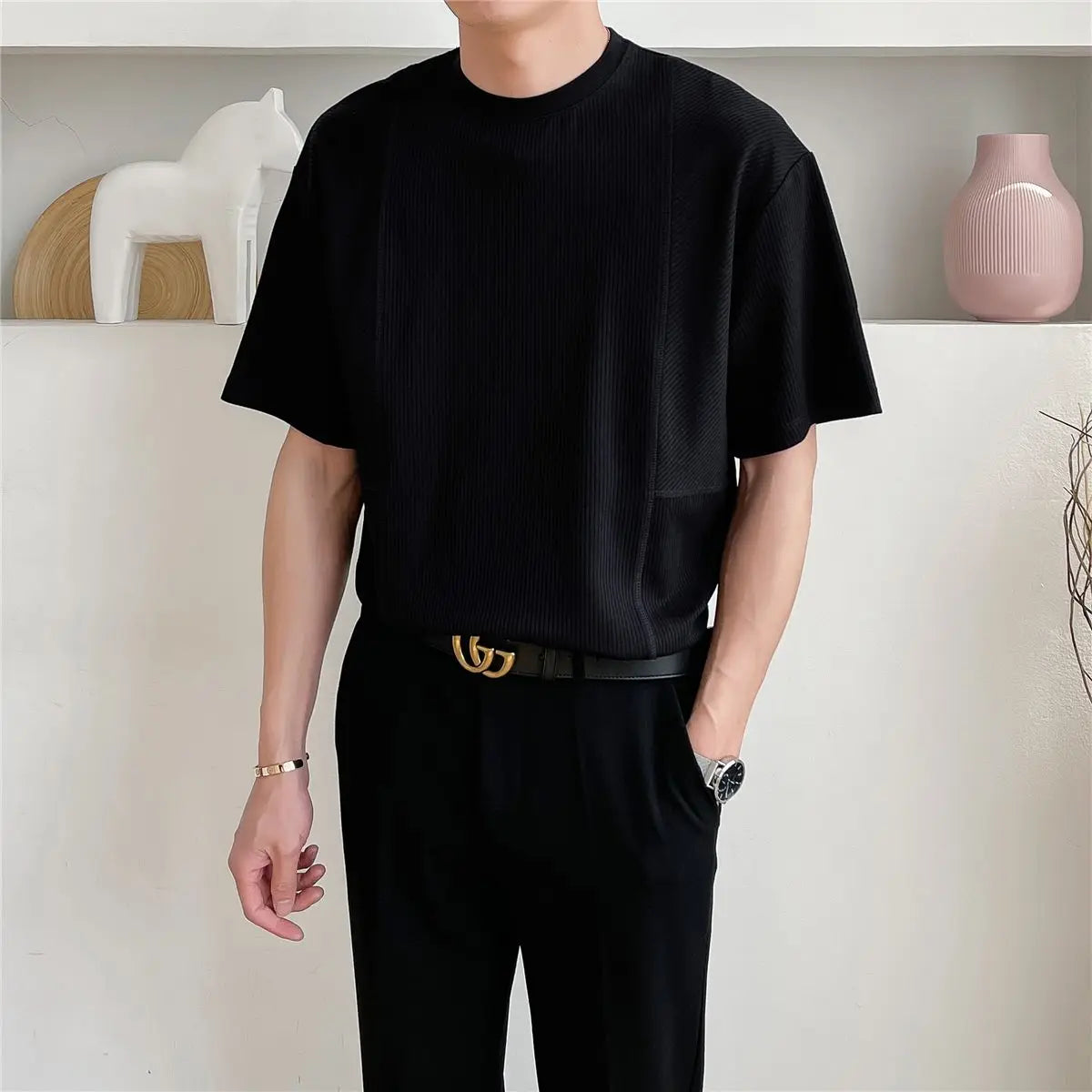 Summer New Luxury T Shirts Men Short Sleeve O-neck Cool Texture Korean Style Loose Casual solid color Bottoming T-shirt Men