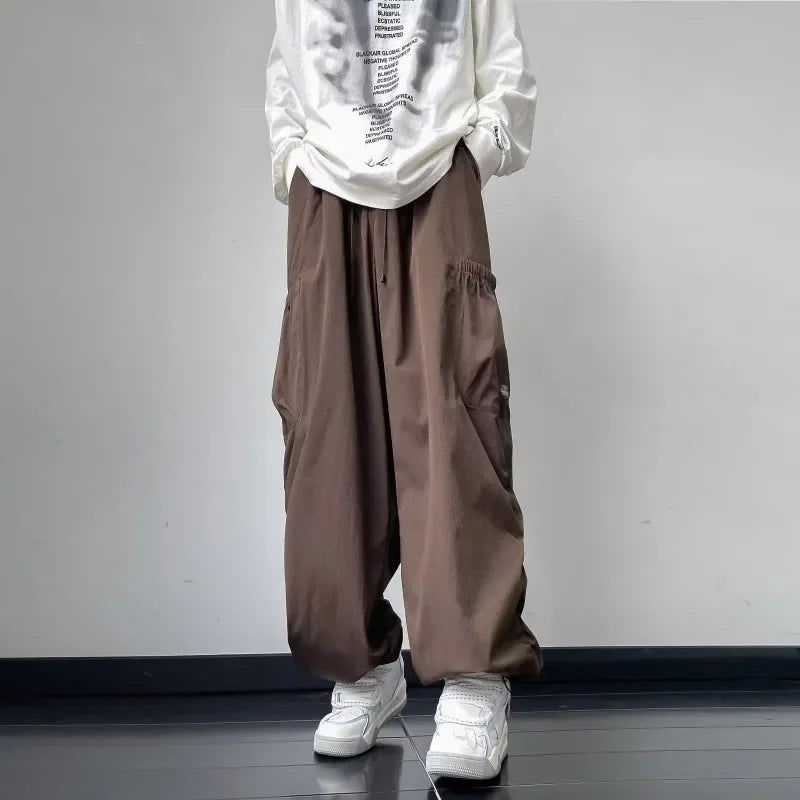 saferido Japanese Casual Loose Pocket Trendy Drawstring Ankle Tie Workwear Pants Versatile Wide Leg Mop Pants Spring Autumn New Style