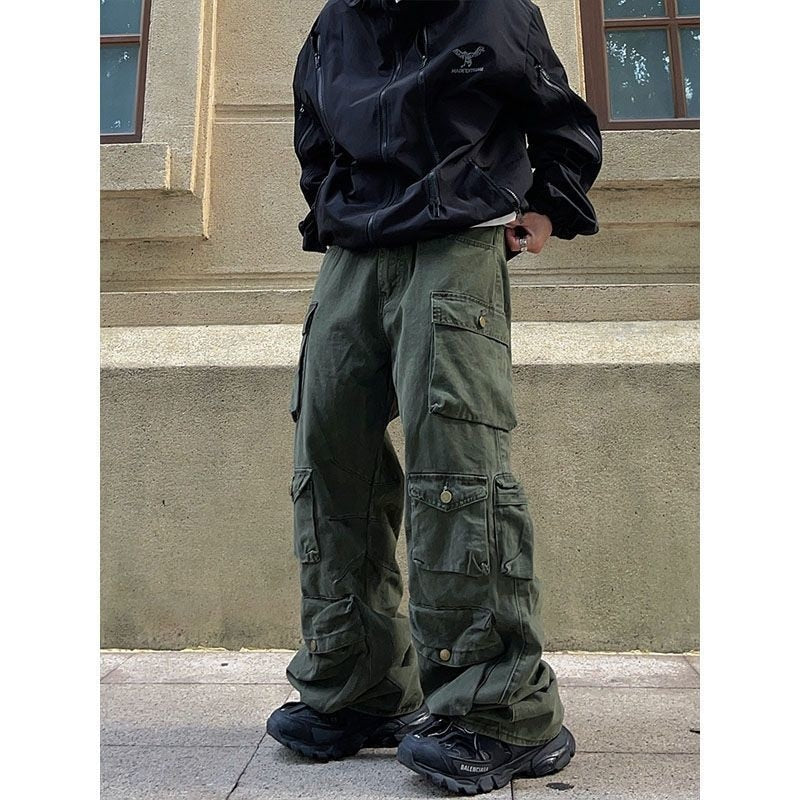 Street Popular White Multi-pocket Overalls Men's Harajuku Style Loose Casual Trousers Straight Mopping Pants Autumn New