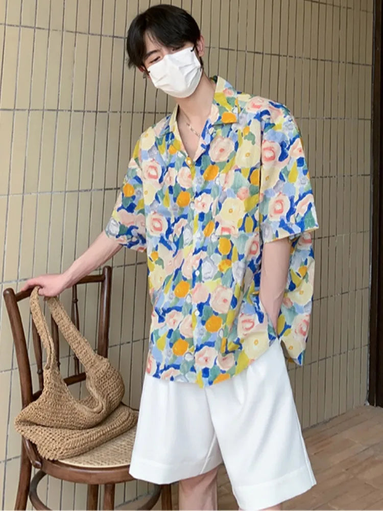 saferido Summer Shirts Men Painting Ins Chic Advanced Breathable Casual Short Sleeve High Street Korean Beach Style Loose Cozy Vocation