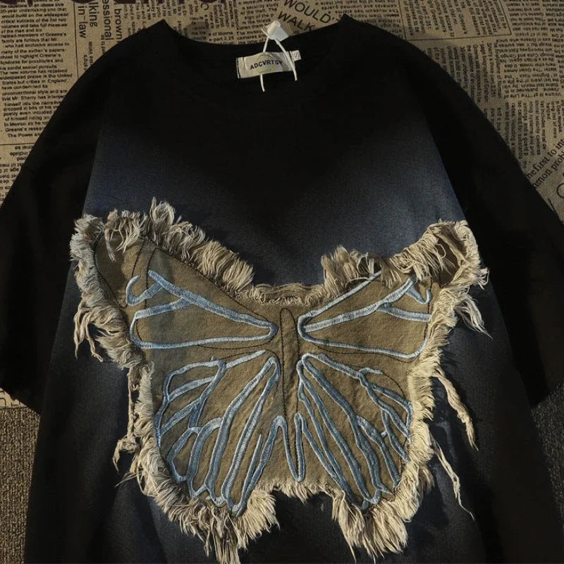 saferido American Vintage T Shirt High Street Patch Butterfly Short Sleeve O-neck T-shirt Men Women Oversize High Street Tops