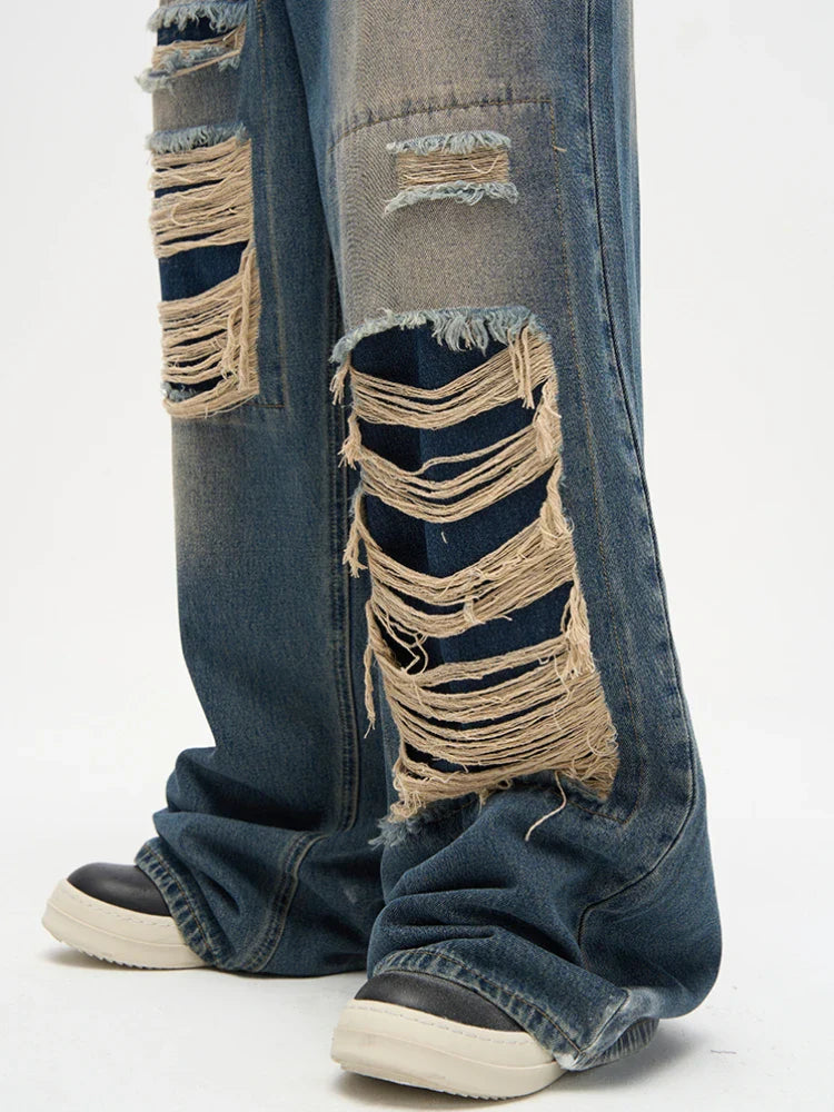 Jeans for Men Casual Straight Loose Summer Daily Hole Solid Color High Street Denim Trousers Breathable Trendy All-match Unisex